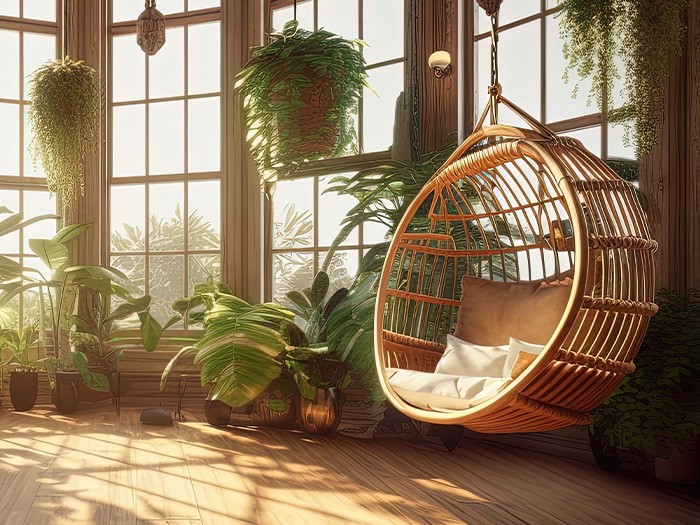 Oak wooden sunroom with indoor plants on floor and ceiling and wooden half sphere swing. 
