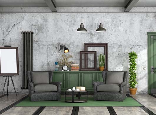 Living room in industrial style with leather old armchair, sideboard and closed door - 3d renderingNote: the room does not exist in reality, Property model is not necessary