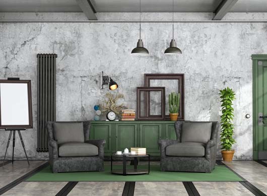 Living room in industrial style with leather old armchair, sideboard and closed door - 3d rendering
Note: the room does not exist in reality, Property model is not necessary